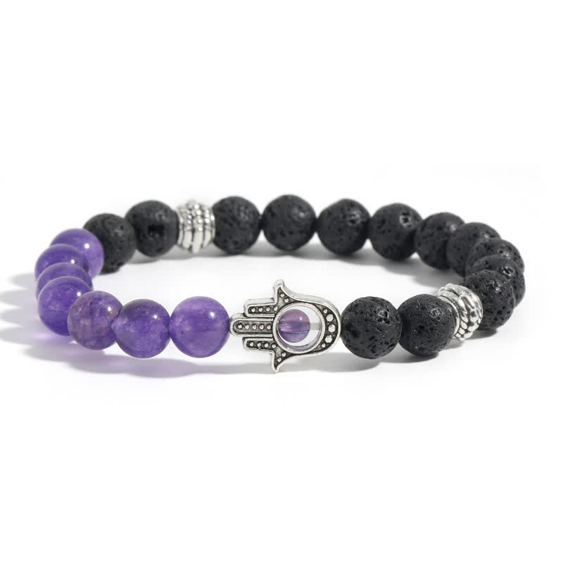 Buddha Stones Pulsera redonda artesanal de protección con diseño de palma de Hamsa y roca de lava - Calcedonia púrpura y roca volcánica - image 9