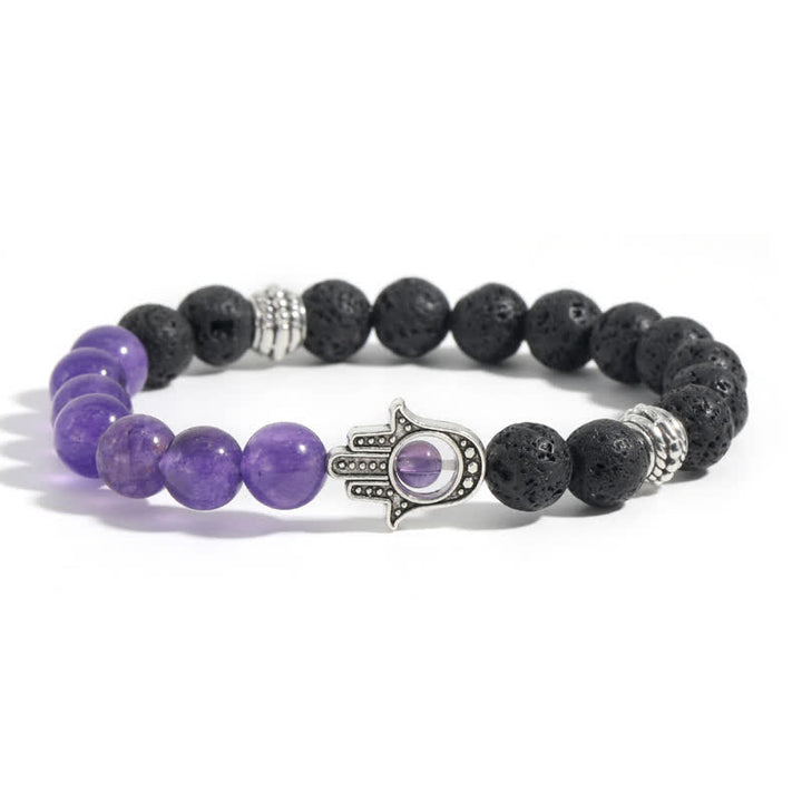 Buddha Stones Pulsera redonda artesanal de protección con diseño de palma de Hamsa y roca de lava - Calcedonia púrpura y roca volcánica - image 9
