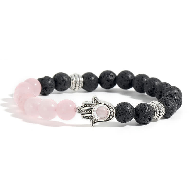 Buddha Stones Pulsera redonda artesanal de protección con diseño de palma de Hamsa y roca de lava - Cuarzo rosa y roca volcánica - image 4