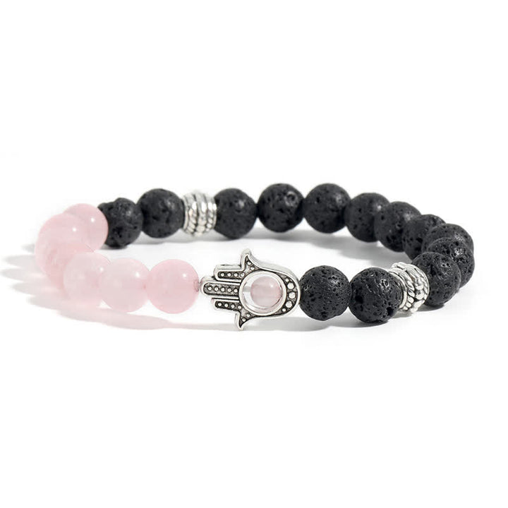 Buddha Stones Pulsera redonda artesanal de protección con diseño de palma de Hamsa y roca de lava - Cuarzo rosa y roca volcánica - image 4