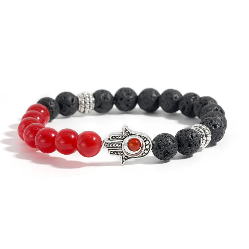 Buddha Stones Pulsera redonda artesanal de protección con diseño de palma de Hamsa y roca de lava - Ágata roja y roca volcánica - image 8