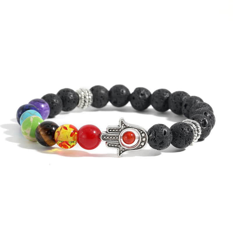 Buddha Stones Pulsera redonda artesanal de protección con diseño de palma de Hamsa y roca de lava - Piedra multicolor y roca volcánica - image 7