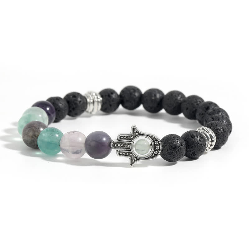 Buddha Stones Pulsera redonda artesanal de protección con diseño de palma de Hamsa y roca de lava - Fluorita natural y roca volcánica - image 3