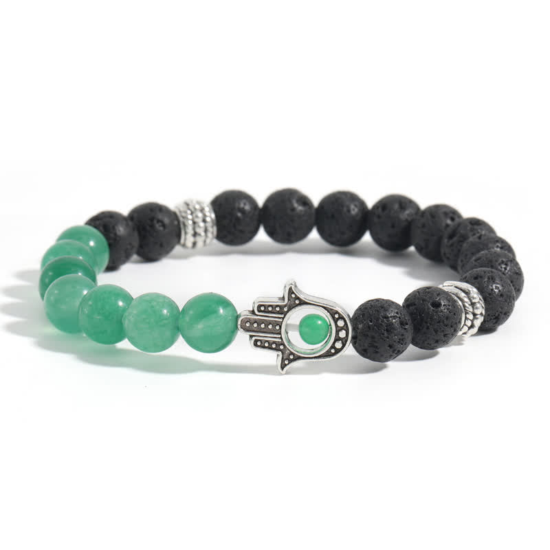 Buddha Stones Pulsera redonda artesanal de protección con diseño de palma de Hamsa y roca de lava - Aventurina verde y roca volcánica - image 12