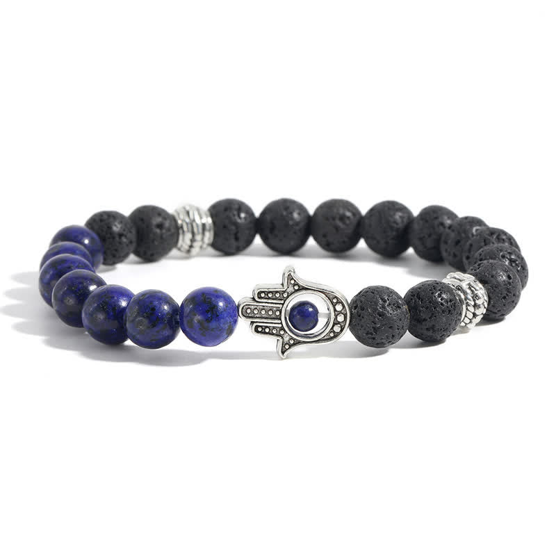 Buddha Stones Pulsera redonda artesanal de protección con diseño de palma de Hamsa y roca de lava - Imitación de lapislázuli y roca volcánica - image 13