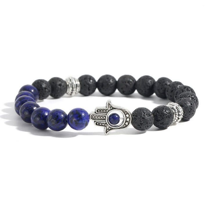 Buddha Stones Pulsera redonda artesanal de protección con diseño de palma de Hamsa y roca de lava - Imitación de lapislázuli y roca volcánica - image 13