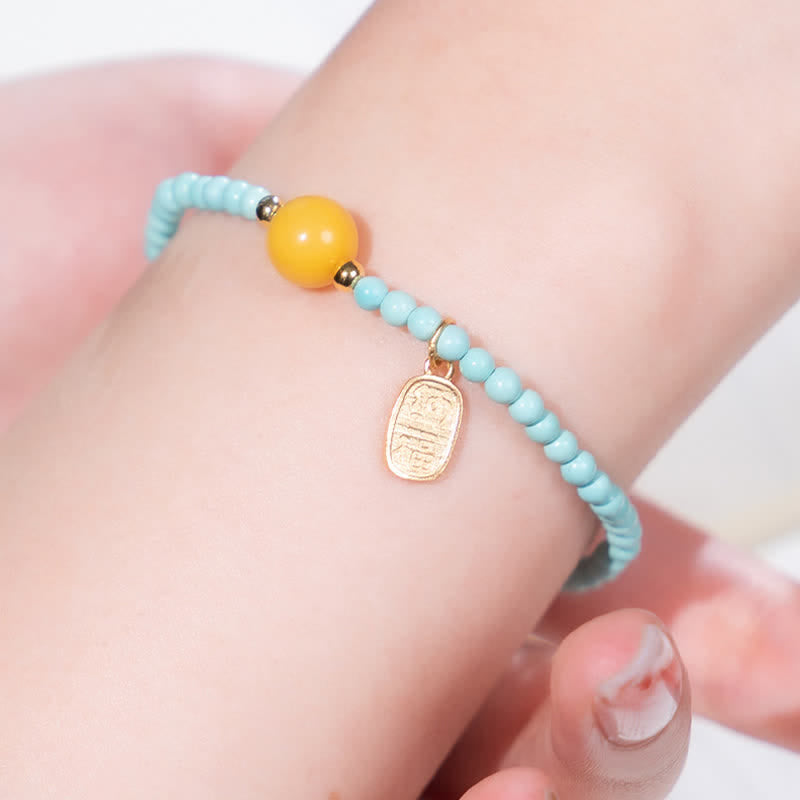 Buddha Stones Pulsera de cuentas hecha a mano con el carácter Fu de color turquesa. - image 8