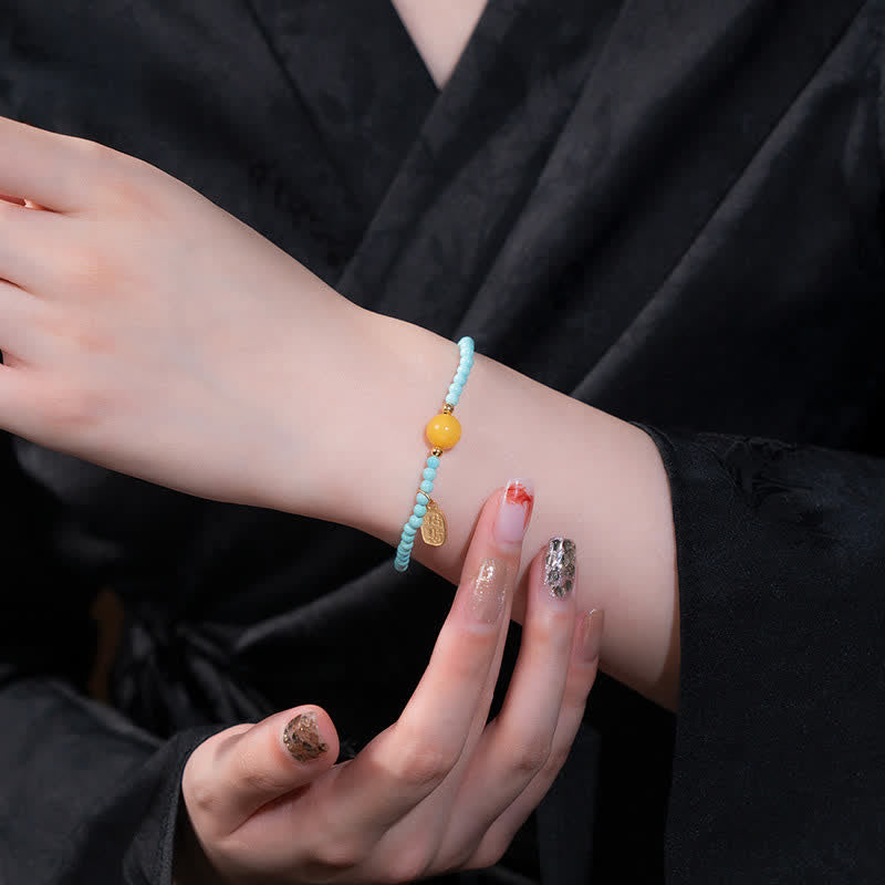 Buddha Stones Pulsera de cuentas hecha a mano con el carácter Fu de color turquesa. - image 9