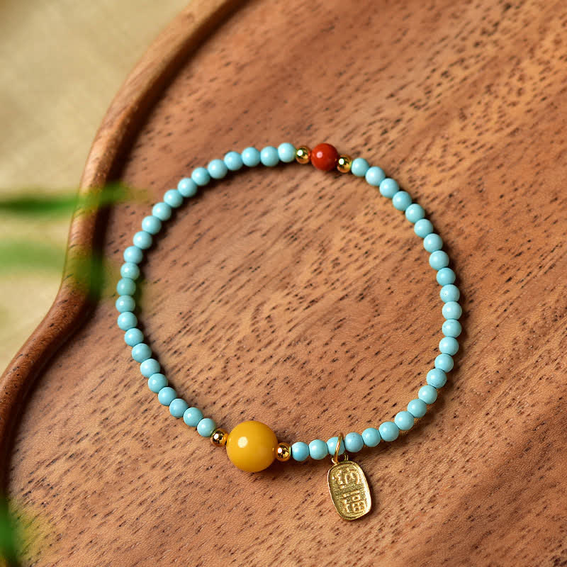 Buddha Stones Pulsera de cuentas hecha a mano con el carácter Fu de color turquesa. - image 1