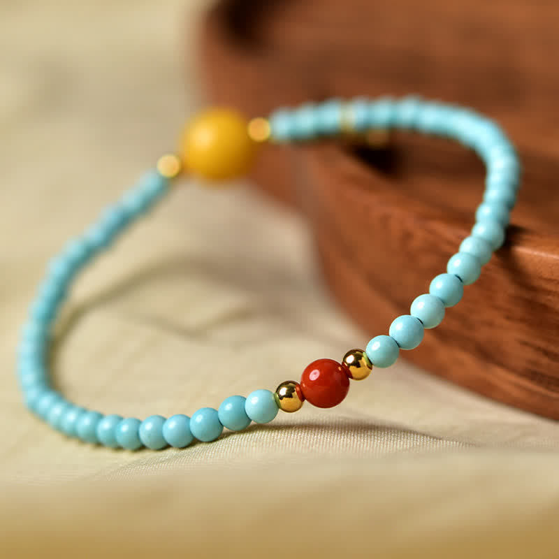 Buddha Stones Pulsera de cuentas hecha a mano con el carácter Fu de color turquesa. - image 3