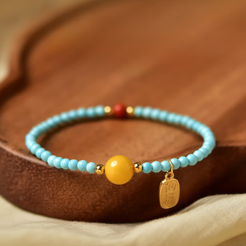 Buddha Stones Pulsera de cuentas hecha a mano con el carácter Fu de color turquesa. - Turquesa (Purificación ♥ Serenidad) - image 0