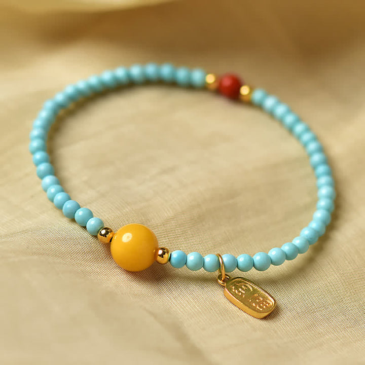 Buddha Stones Pulsera de cuentas hecha a mano con el carácter Fu de color turquesa. - image 7