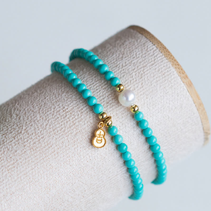 Buddha Stones Pulsera artesanal con colgante de calabaza, perlas turquesas y doble envoltura para mayor protección. - image 8
