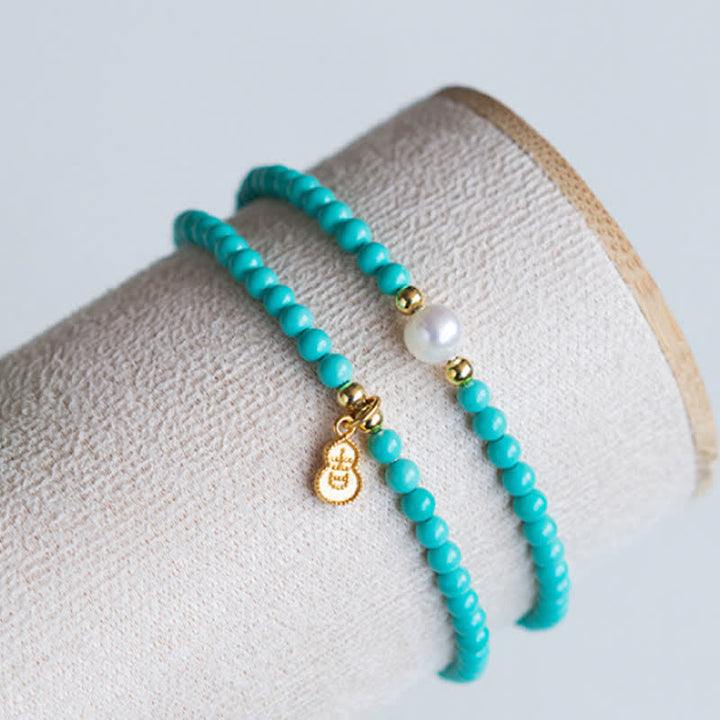 Buddha Stones Pulsera artesanal con colgante de calabaza, perlas turquesas y doble envoltura para mayor protección. - image 8