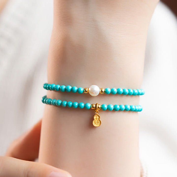Buddha Stones Pulsera artesanal con colgante de calabaza, perlas turquesas y doble envoltura para mayor protección. - image 7