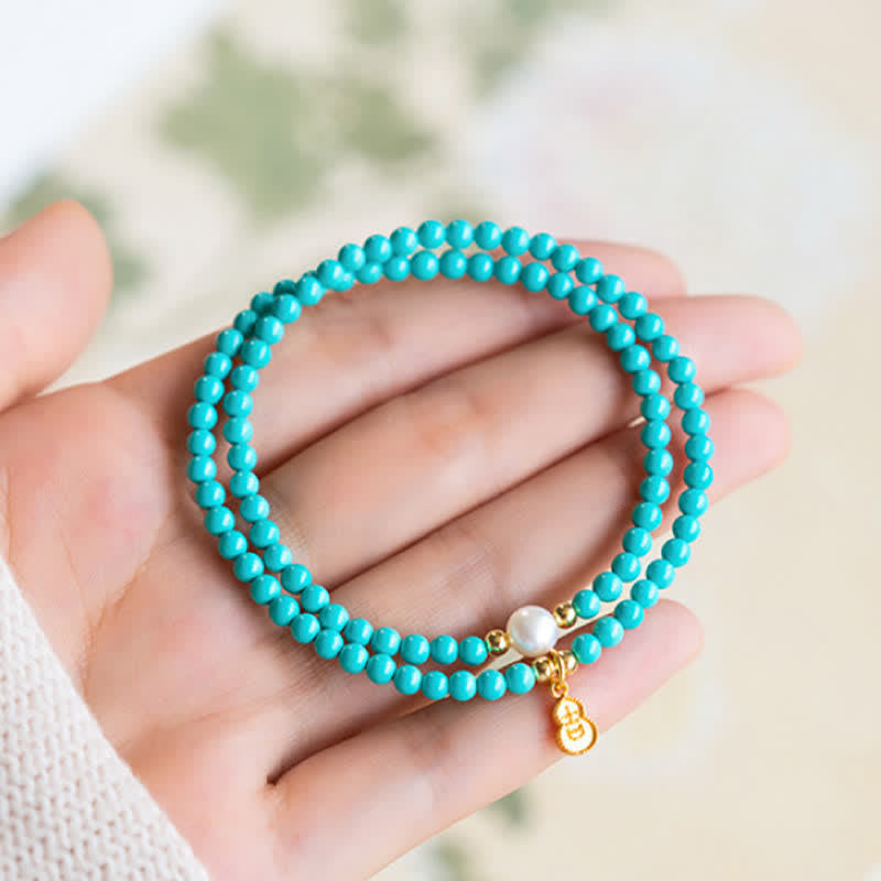 Buddha Stones Pulsera artesanal con colgante de calabaza, perlas turquesas y doble envoltura para mayor protección. - image 3