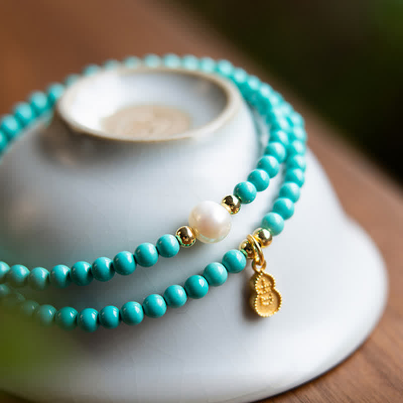 Buddha Stones Pulsera artesanal con colgante de calabaza, perlas turquesas y doble envoltura para mayor protección. - image 4