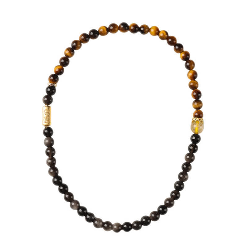 Buddha Stones Pulsera doble tejida a mano con obsidiana ojo de tigre y brillo plateado, símbolo de prosperidad. - image 14
