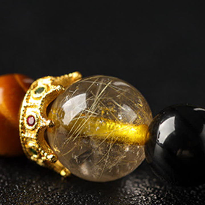Buddha Stones Pulsera doble tejida a mano con obsidiana ojo de tigre y brillo plateado, símbolo de prosperidad. - image 12