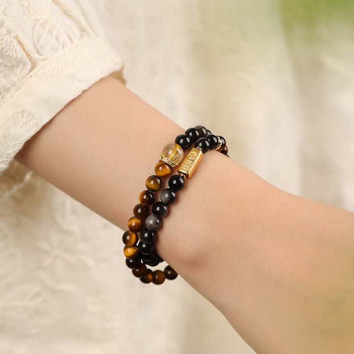 Buddha Stones Pulsera doble tejida a mano con obsidiana ojo de tigre y brillo plateado, símbolo de prosperidad. - image 8