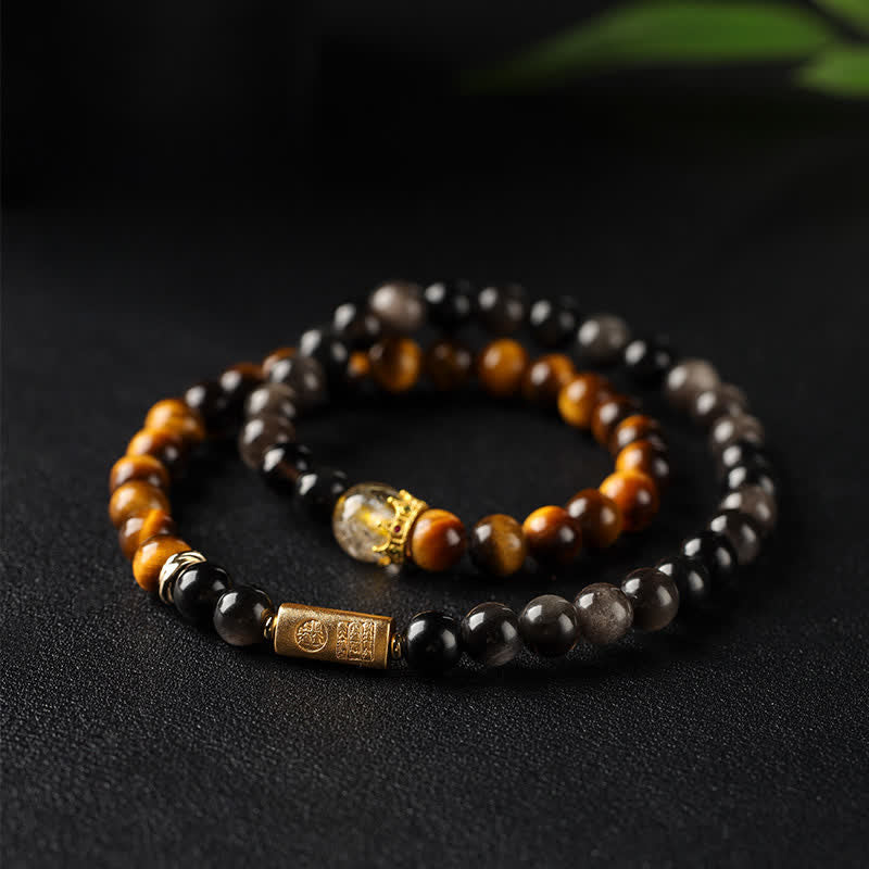 Buddha Stones Pulsera doble tejida a mano con obsidiana ojo de tigre y brillo plateado, símbolo de prosperidad. - Ojo de Tigre (Protección♥Fuerza) - image 0