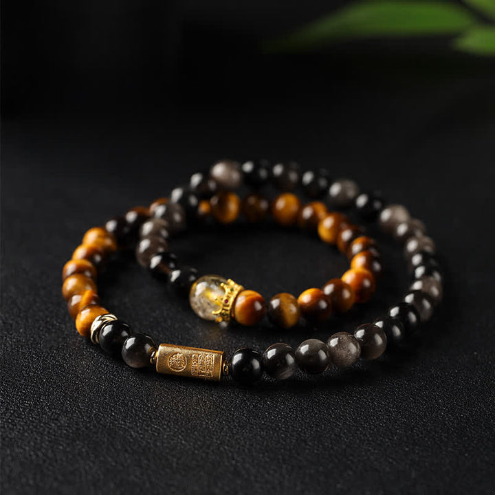 Buddha Stones Pulsera doble tejida a mano con obsidiana ojo de tigre y brillo plateado, símbolo de prosperidad. - Ojo de Tigre (Protección♥Fuerza) - image 0
