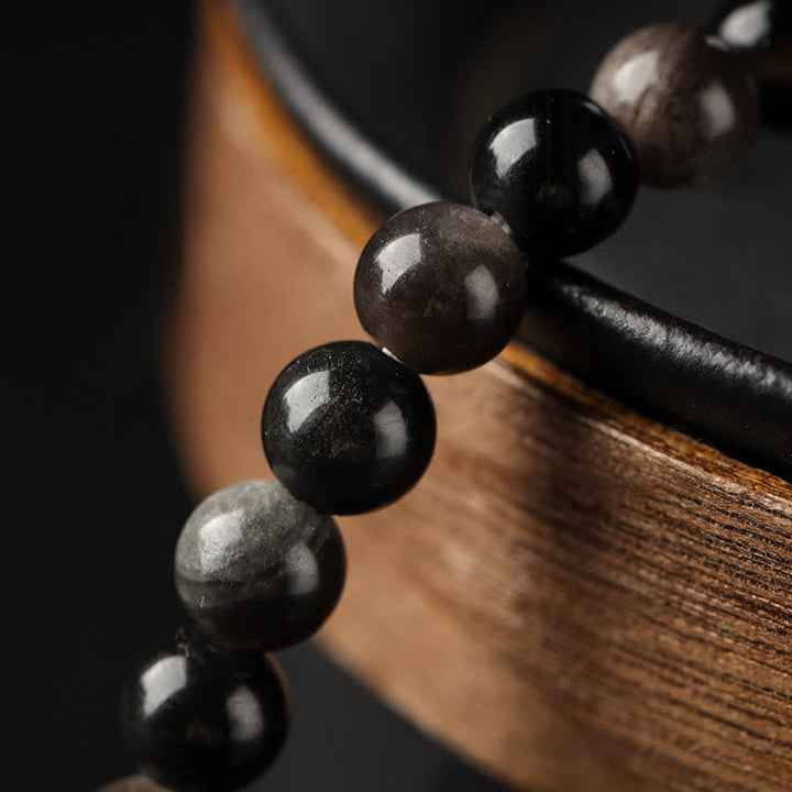 Buddha Stones Pulsera doble tejida a mano con obsidiana ojo de tigre y brillo plateado, símbolo de prosperidad. - image 13