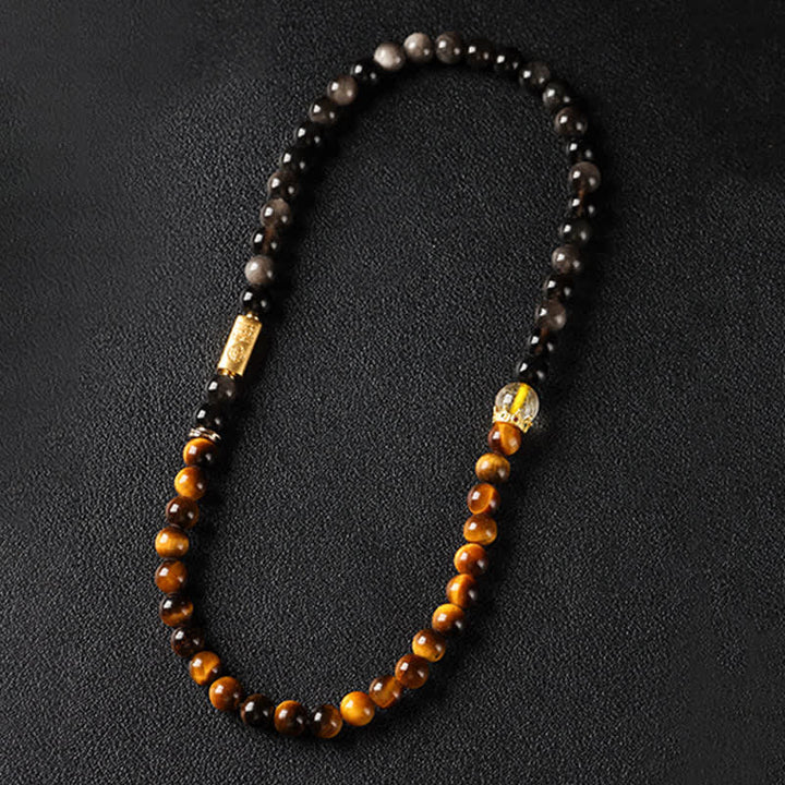 Buddha Stones Pulsera doble tejida a mano con obsidiana ojo de tigre y brillo plateado, símbolo de prosperidad. - image 4