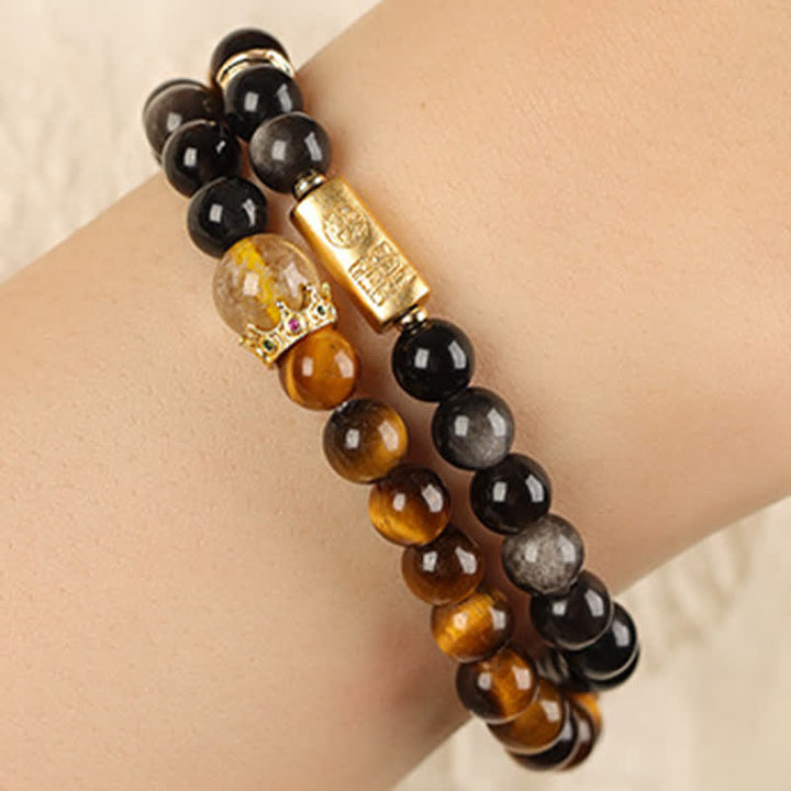 Buddha Stones Pulsera doble tejida a mano con obsidiana ojo de tigre y brillo plateado, símbolo de prosperidad. - image 7