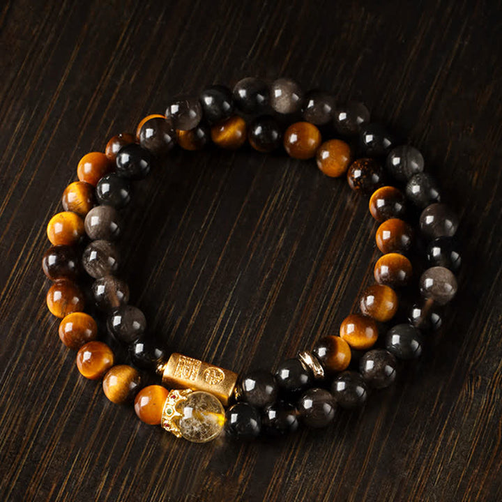 Buddha Stones Pulsera doble tejida a mano con obsidiana ojo de tigre y brillo plateado, símbolo de prosperidad. - image 3
