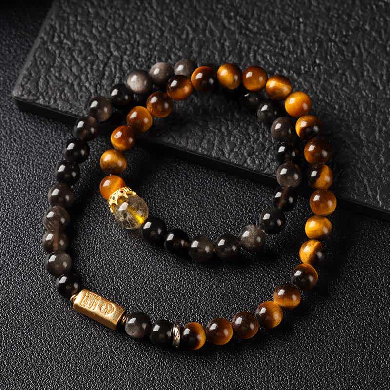 Buddha Stones Pulsera doble tejida a mano con obsidiana ojo de tigre y brillo plateado, símbolo de prosperidad. - image 2