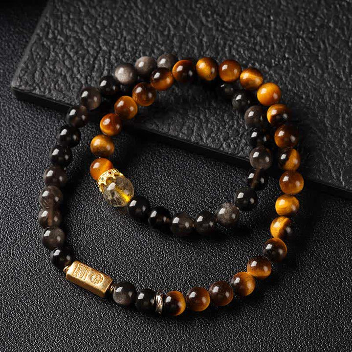 Buddha Stones Pulsera doble tejida a mano con obsidiana ojo de tigre y brillo plateado, símbolo de prosperidad. - image 2