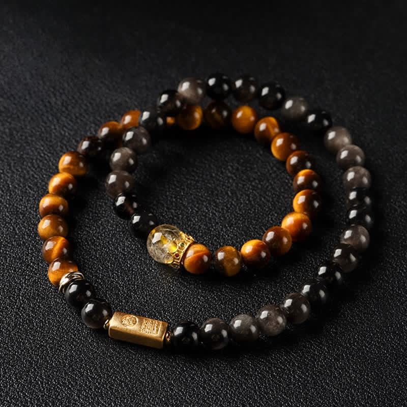 Buddha Stones Pulsera doble tejida a mano con obsidiana ojo de tigre y brillo plateado, símbolo de prosperidad. - image 1
