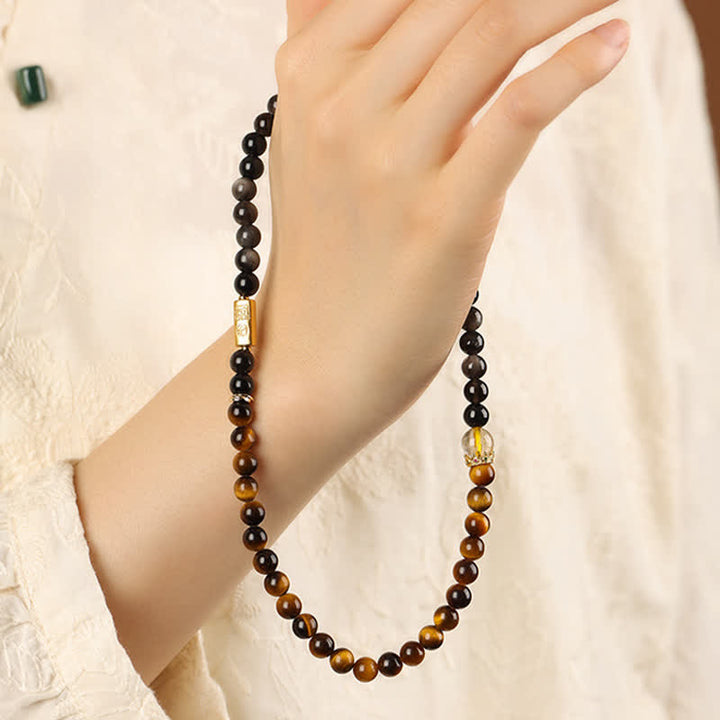 Buddha Stones Pulsera doble tejida a mano con obsidiana ojo de tigre y brillo plateado, símbolo de prosperidad. - image 10