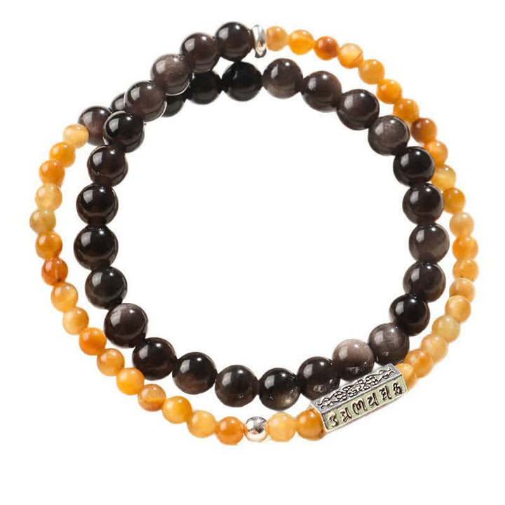 Buddha Stones Pulsera doble envolvente con conexión a tierra Om Mani Padme Hum, obsidiana con brillo plateado y brillo plateado. - image 11
