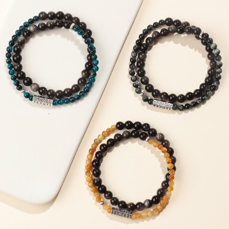 Buddha Stones Pulsera doble envolvente con conexión a tierra Om Mani Padme Hum, obsidiana con brillo plateado y brillo plateado. - image 9