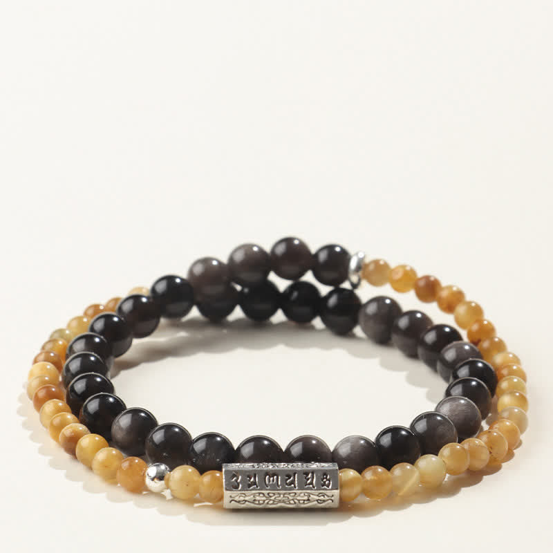 Buddha Stones Pulsera doble envolvente con conexión a tierra Om Mani Padme Hum, obsidiana con brillo plateado y brillo plateado. - Estilo-1 - Obsidiana con brillo plateado (Protección♥Calmante) - image 1