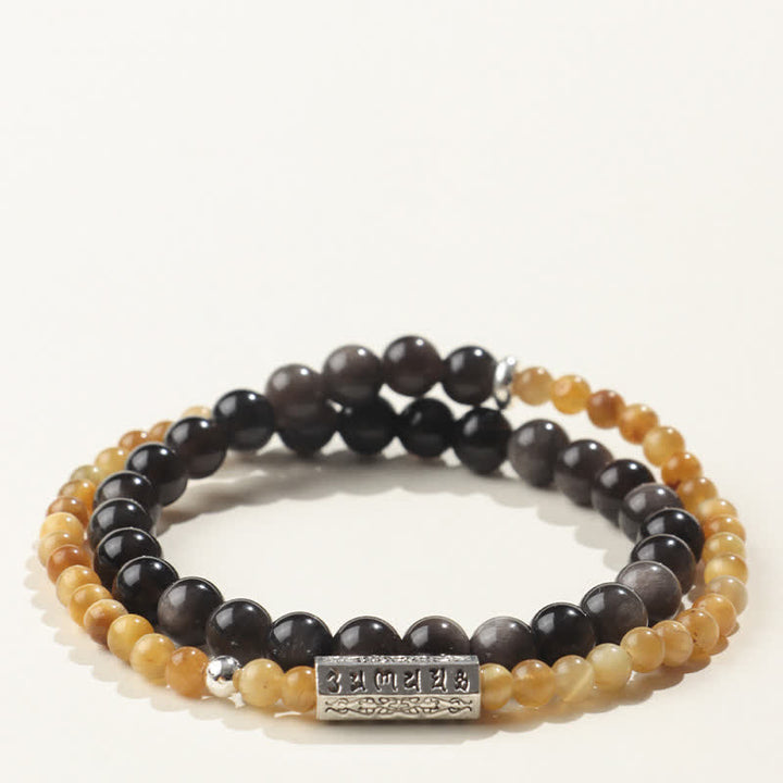Buddha Stones Pulsera doble envolvente con conexión a tierra Om Mani Padme Hum, obsidiana con brillo plateado y brillo plateado. - Estilo-1 - Obsidiana con brillo plateado (Protección♥Calmante) - image 1