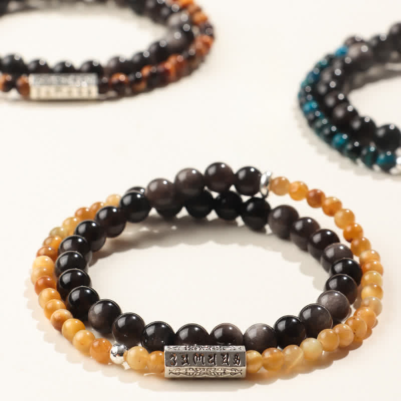 Buddha Stones Pulsera doble envolvente con conexión a tierra Om Mani Padme Hum, obsidiana con brillo plateado y brillo plateado. - image 8