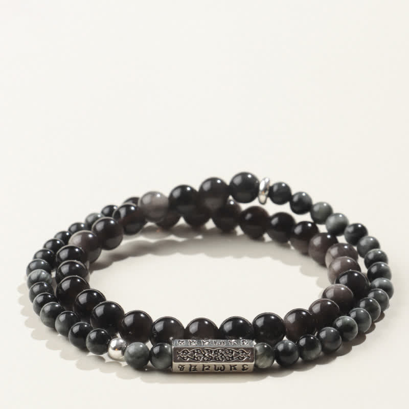 Buddha Stones Pulsera doble envolvente con conexión a tierra Om Mani Padme Hum, obsidiana con brillo plateado y brillo plateado. - Estilo-3 - Obsidiana con brillo plateado (Protección♥Calmante) - image 3