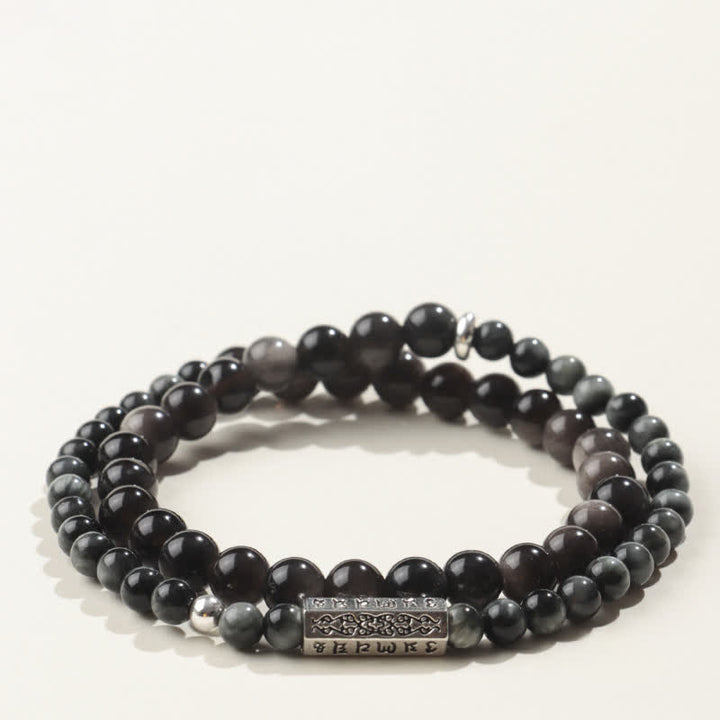 Buddha Stones Pulsera doble envolvente con conexión a tierra Om Mani Padme Hum, obsidiana con brillo plateado y brillo plateado. - Estilo-3 - Obsidiana con brillo plateado (Protección♥Calmante) - image 3