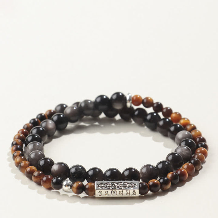 Buddha Stones Pulsera doble envolvente con conexión a tierra Om Mani Padme Hum, obsidiana con brillo plateado y brillo plateado. - Estilo-2 - Obsidiana con brillo plateado (Protección♥Calmante) - image 2