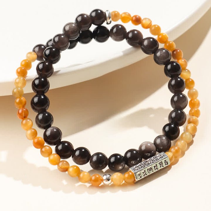 Buddha Stones Pulsera doble envolvente con conexión a tierra Om Mani Padme Hum, obsidiana con brillo plateado y brillo plateado. - image 0