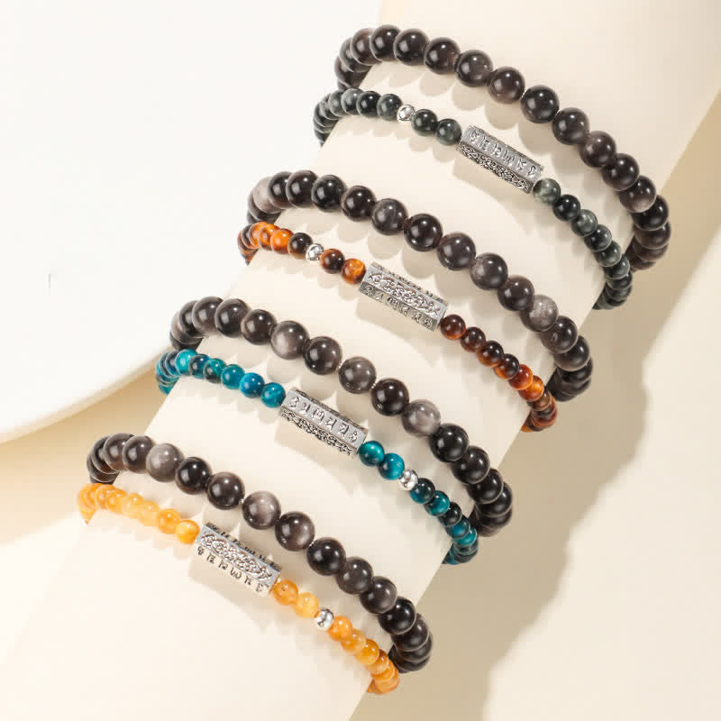 Buddha Stones Pulsera doble envolvente con conexión a tierra Om Mani Padme Hum, obsidiana con brillo plateado y brillo plateado. - image 10
