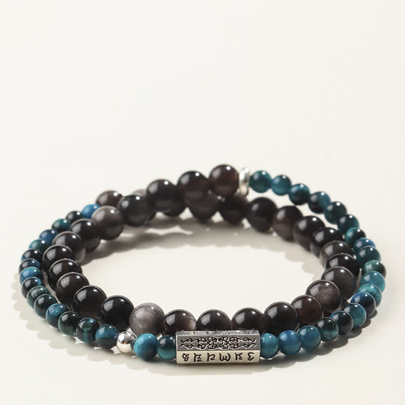 Buddha Stones Pulsera doble envolvente con conexión a tierra Om Mani Padme Hum, obsidiana con brillo plateado y brillo plateado. - Estilo-4 - Obsidiana con brillo plateado (Protección♥Calmante) - image 4