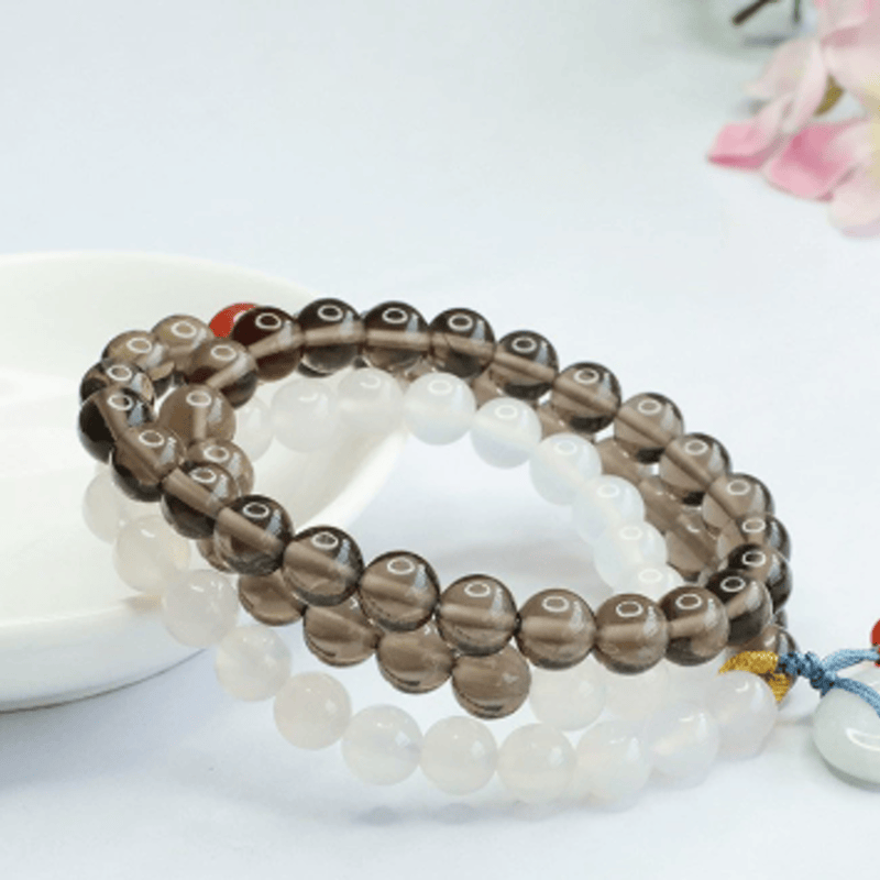 Buddha Stones Pulsera multienrollada con hebilla de paz de obsidiana de hielo y calcedonia blanca, modelo Serenity. - Obsidiana de hielo (Limpieza ♥ Positiva) - 8 mm - image 0