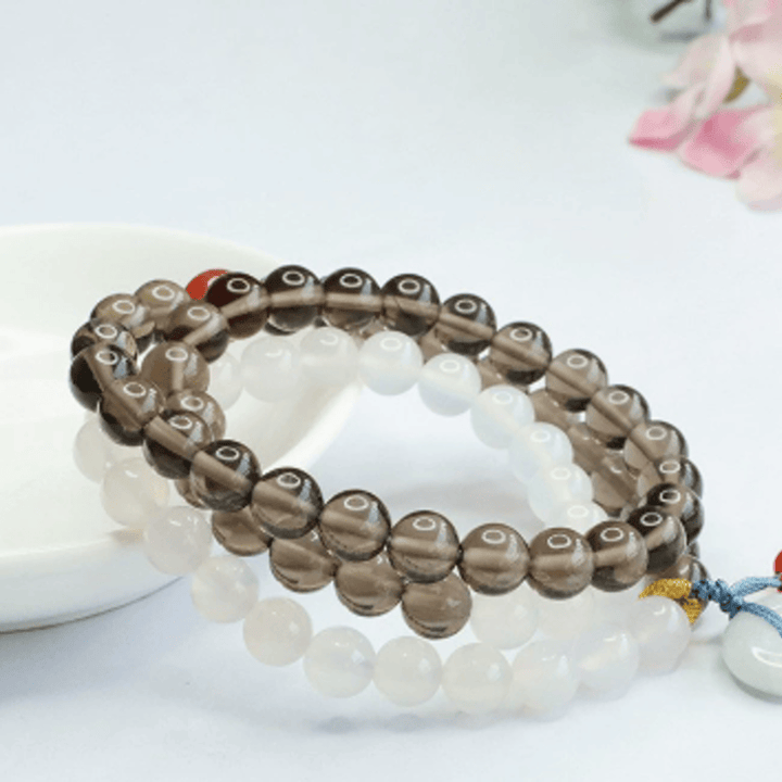 Buddha Stones Pulsera multienrollada con hebilla de paz de obsidiana de hielo y calcedonia blanca, modelo Serenity. - Obsidiana de hielo (Limpieza ♥ Positiva) - 8 mm - image 0