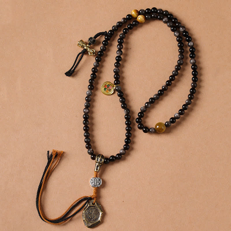 Buddha Stones Collar de cuentas tejido a mano con diseño de Garuda y brillo plateado de obsidiana. - image 4