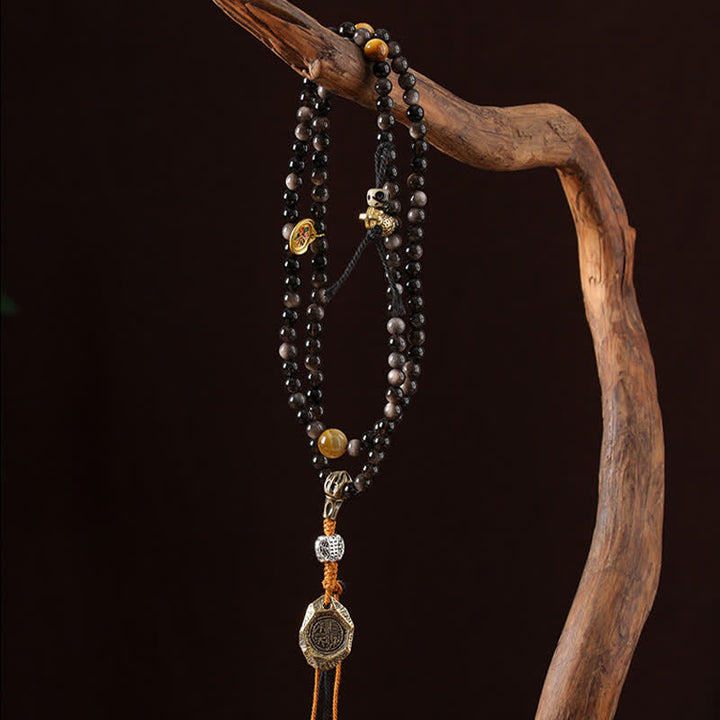 Buddha Stones Collar de cuentas tejido a mano con diseño de Garuda y brillo plateado de obsidiana. - image 7