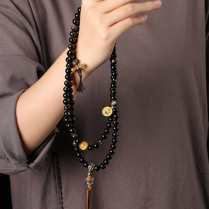 Buddha Stones Collar de cuentas tejido a mano con diseño de Garuda y brillo plateado de obsidiana. - image 9